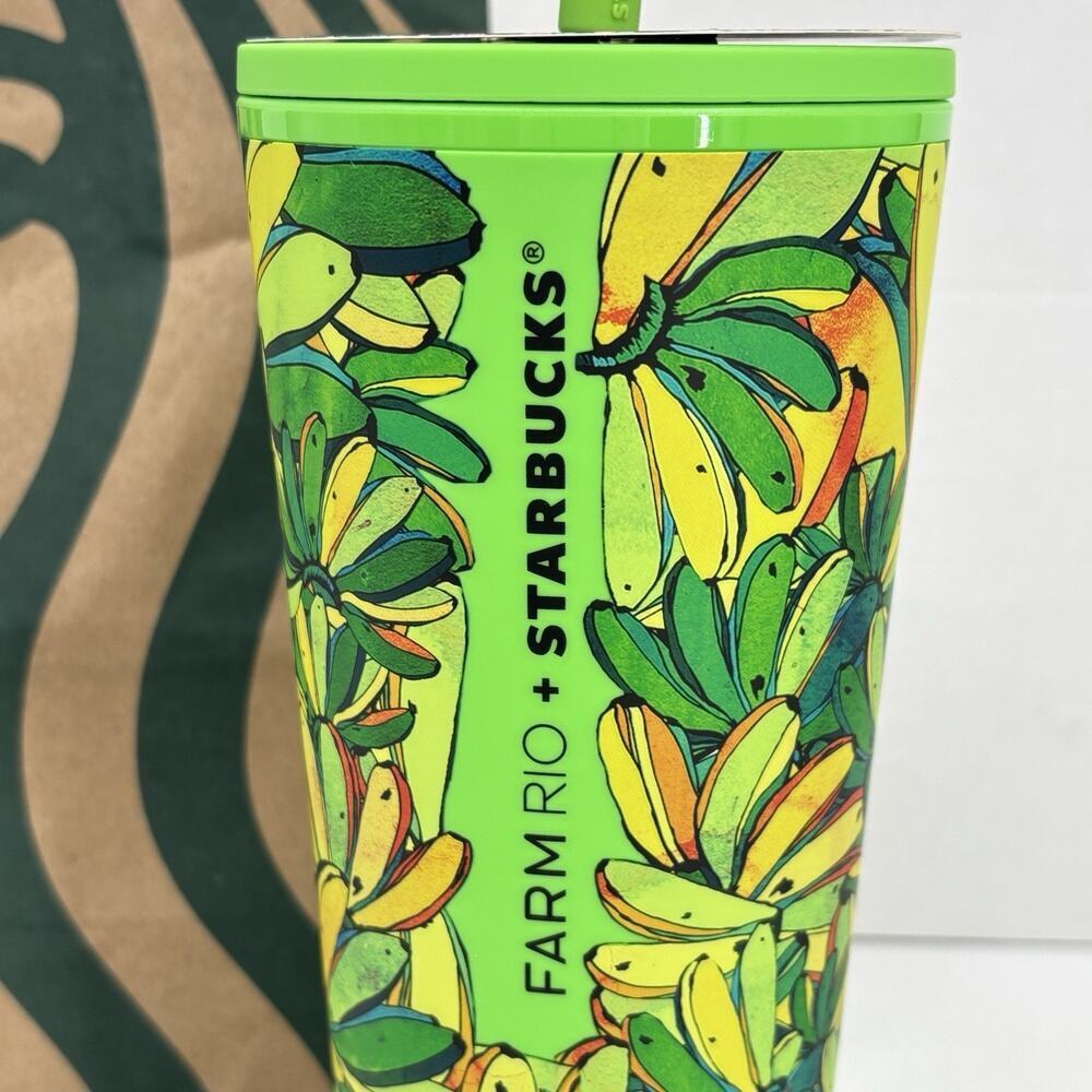 Starbucks x Farm Rio 24oz Tumbler Green Yellow Banana Straw Topper Summer 2025 - Picture 5 of 10